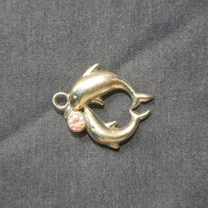 Double Dolphin Silver Pendent Pink Crystal Aceent